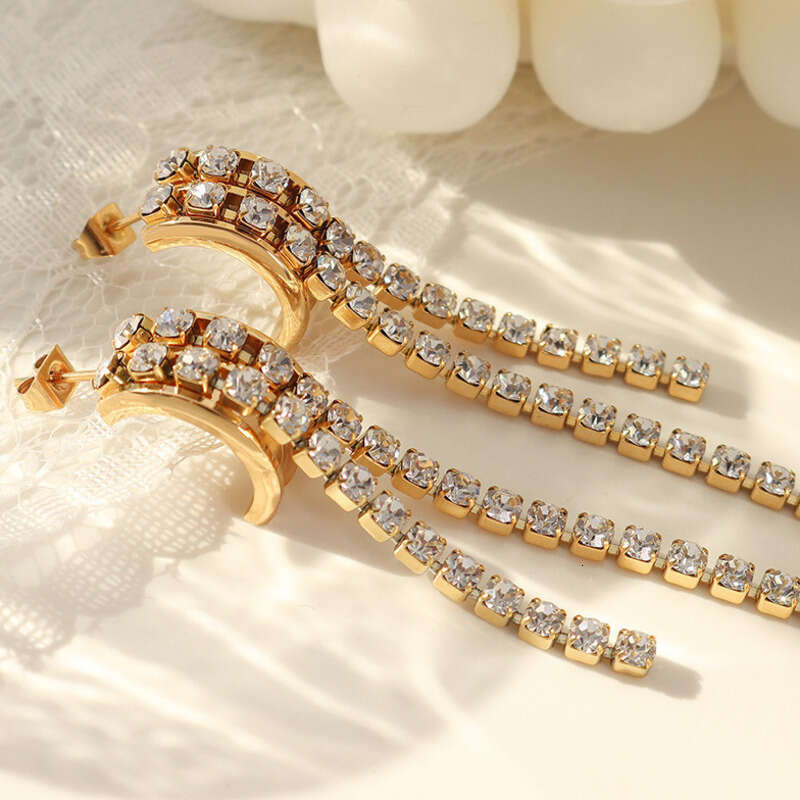 French-style Long Tassel Earrings Full Diamond Inlay, Sparkling Earrings, Elegant Titanium Steel Plated With 18k Gold Jewelry Gift