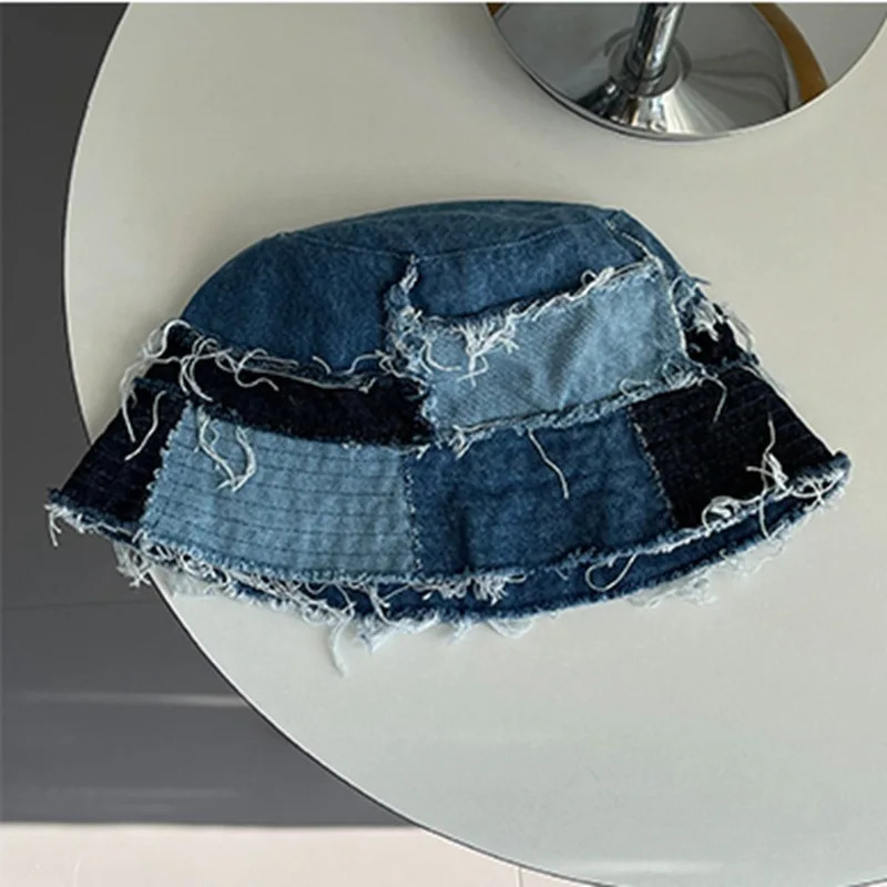 Japanese Niche Bucket Hat Showing Small Face Retro Beggar Style Splicing Contrasting Color Denim Basin Caps for Women 260208