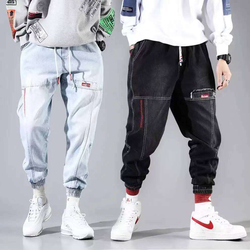 Plus Size 5XL Men's Baggy Harem Hip Hop Male Trousers Black Blue Cargo Jeans Man Fashion Streetwear Denim Jogger Pants