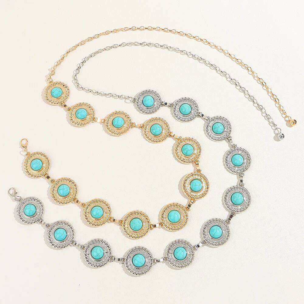 New women's retro Alloy oval turquoise accessory dress Women's thin waist chain one piece X260209