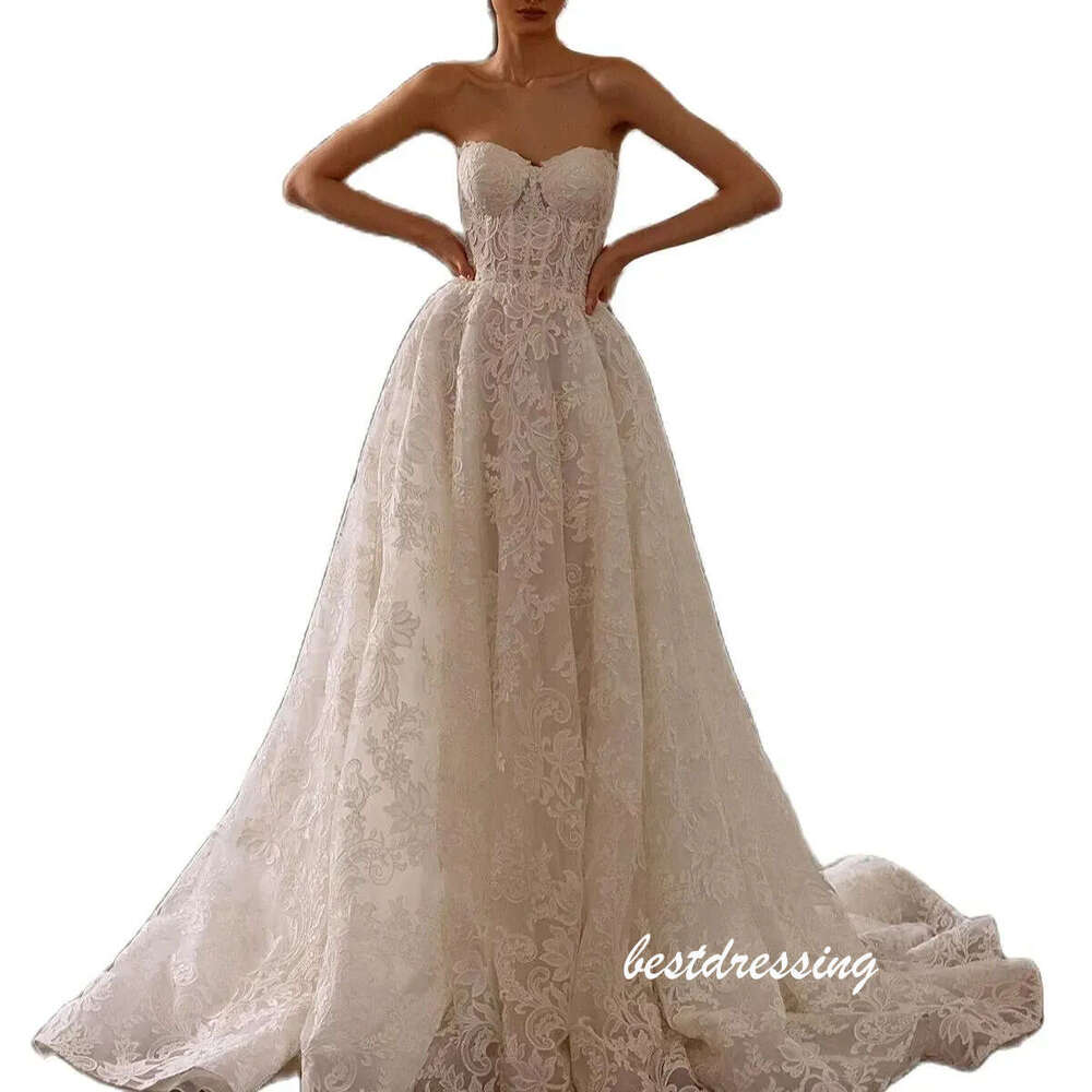 Classy Ivory Lace Wedding Dresses With Removable Sleeves Sexy Strapless Plus Size Boho Bridal Gowns Sweep Train A Line Modern Bride Reception Marriage