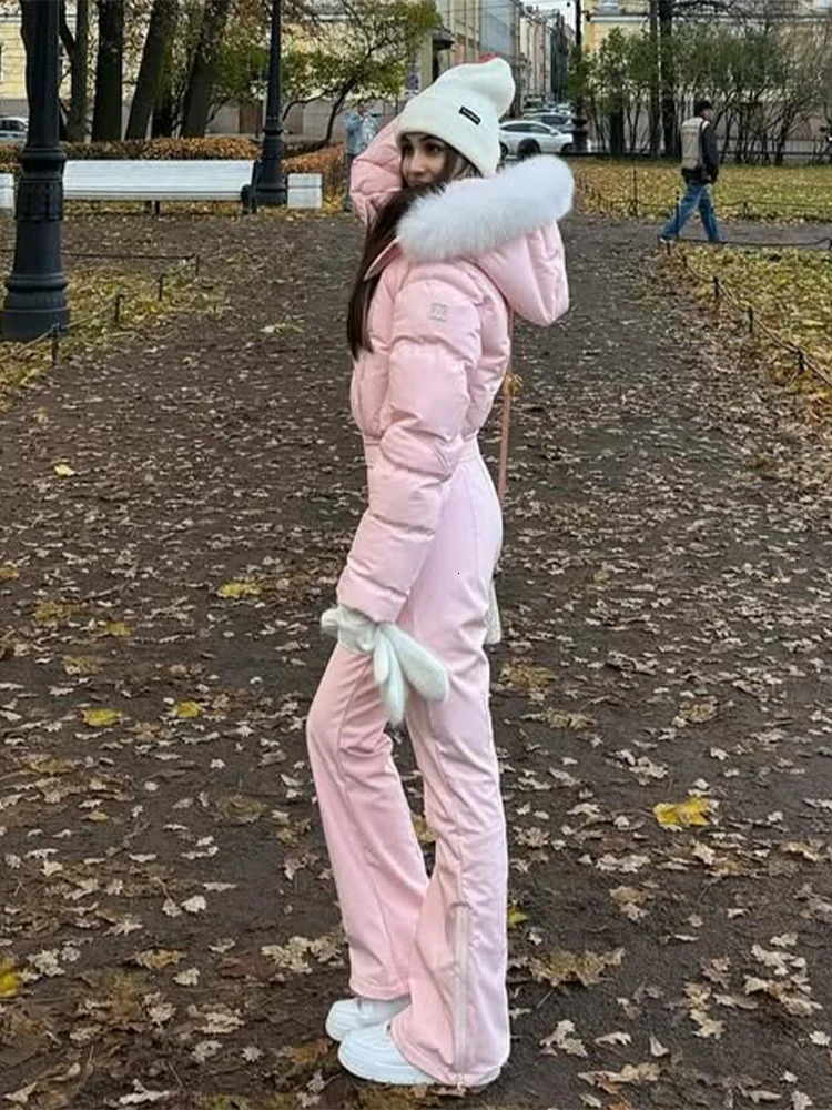 Pink Fur Collar Hooded Long Jumpsuit Women Casual Full Sleeves Stand Warm Slim Snowsuit 2026 Lady Chic Snowboard Outwear 260126