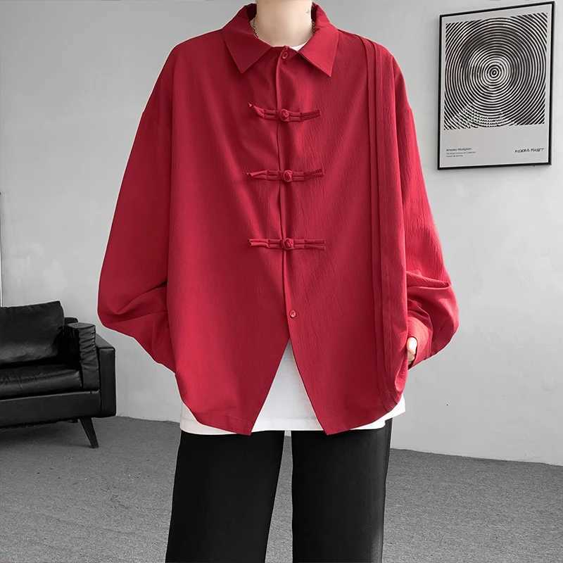 Mens Dial Buckle Solid Long Sleeve Shirt Chic Pleated Decor 2024 Spring New Loose Casual Traditional Chinese Style Clothing C260209
