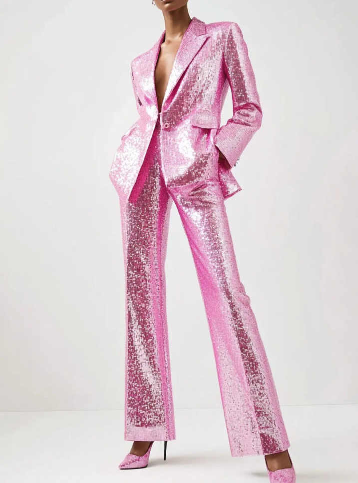 Sequined Women Pants Suits Slim Fit Ladies Sparkly Prom Birthday Party Formal Wear Outfit Hand Made 2 Pieces Customized