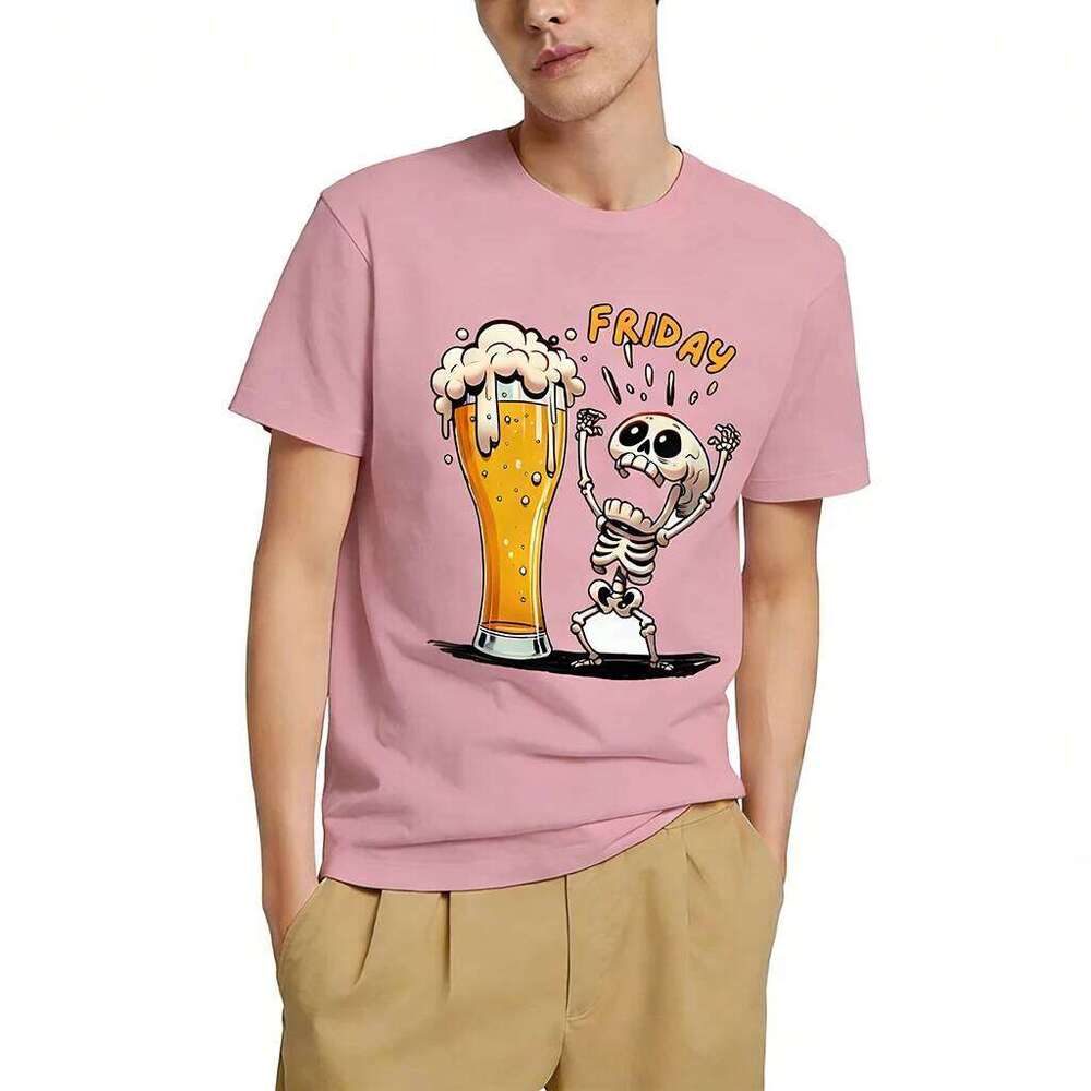 Funny Beer Skull Graphic T-Shirt Summer Casual Everyday Breathable Short Sleeve Tops Basic Simple Versatile Men's Crew Neck Tees X260209