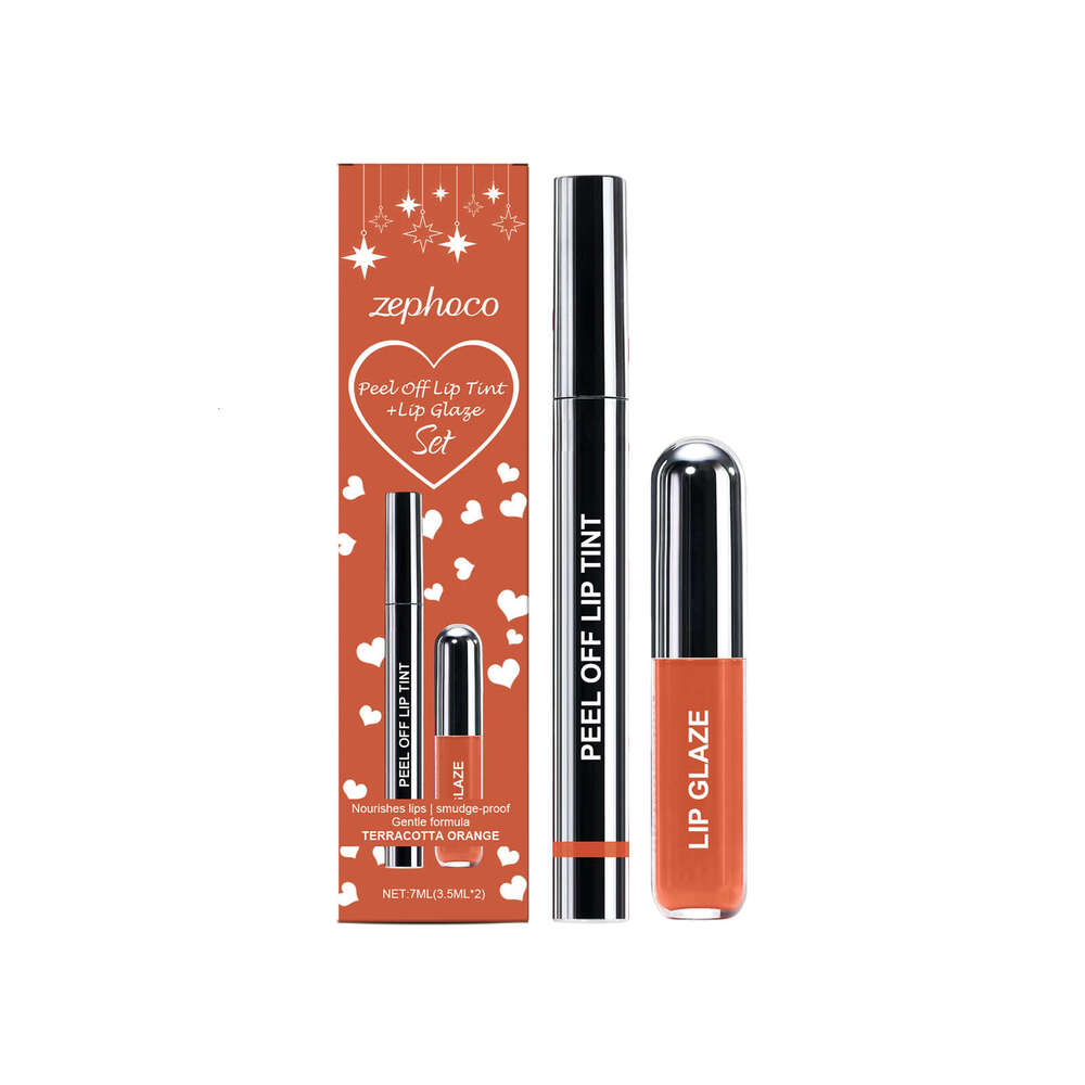 Zephoco Clay Orange Peel-off Liner and Gloss Set Daily Lip Makeup Natural Easy to Apply Brightening