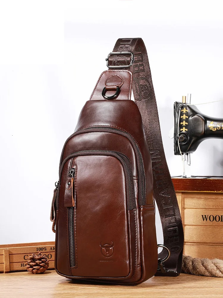Mens genuine leather crossbody chest bag first layer cowhide fashionable multifunctional sports shoulder travel 260208
