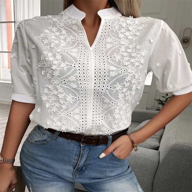 2026 Summer Womens Elegant Short Sleeve White Blouse Vintage Cotton Crochet Hollow Out Embroidery Tops Fashion 250203