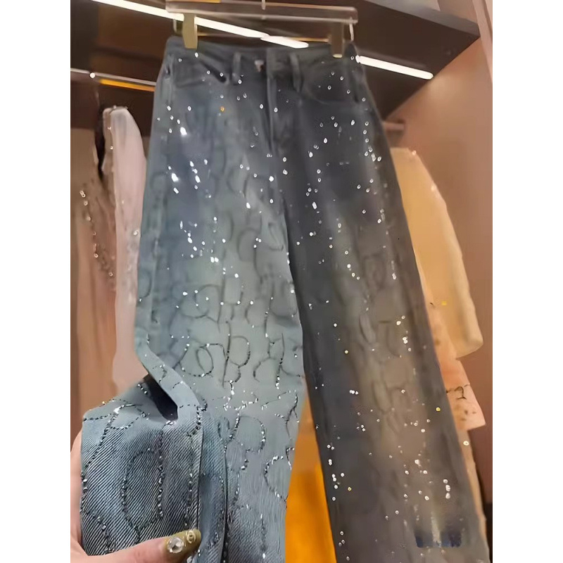Top Rhine Stone Jeans 2026 Spring New Designer Trendy Style Shiny Loose Straight Leg Pants Women's Jeans American Y2K Style Luxury Jeans
