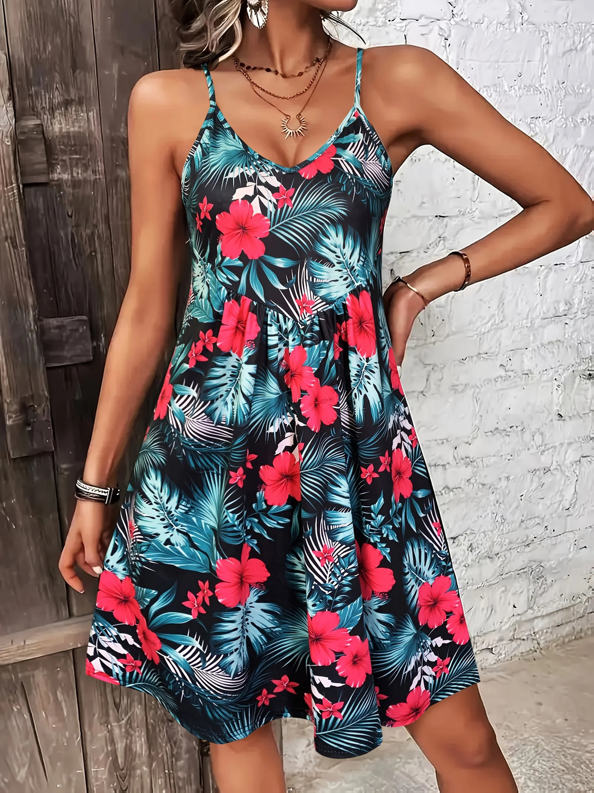 Summer Vacation Style Print V-Neck Spaghetti Strap DressCamisole Dress for vacation outfitsbohemia dresses for women summer 260118