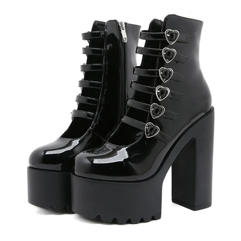 Block Heels Pumps for Women Fashion Buckle Straps Heart n Dress Shoes Side Zipper High Mary Jane Street Style 260208