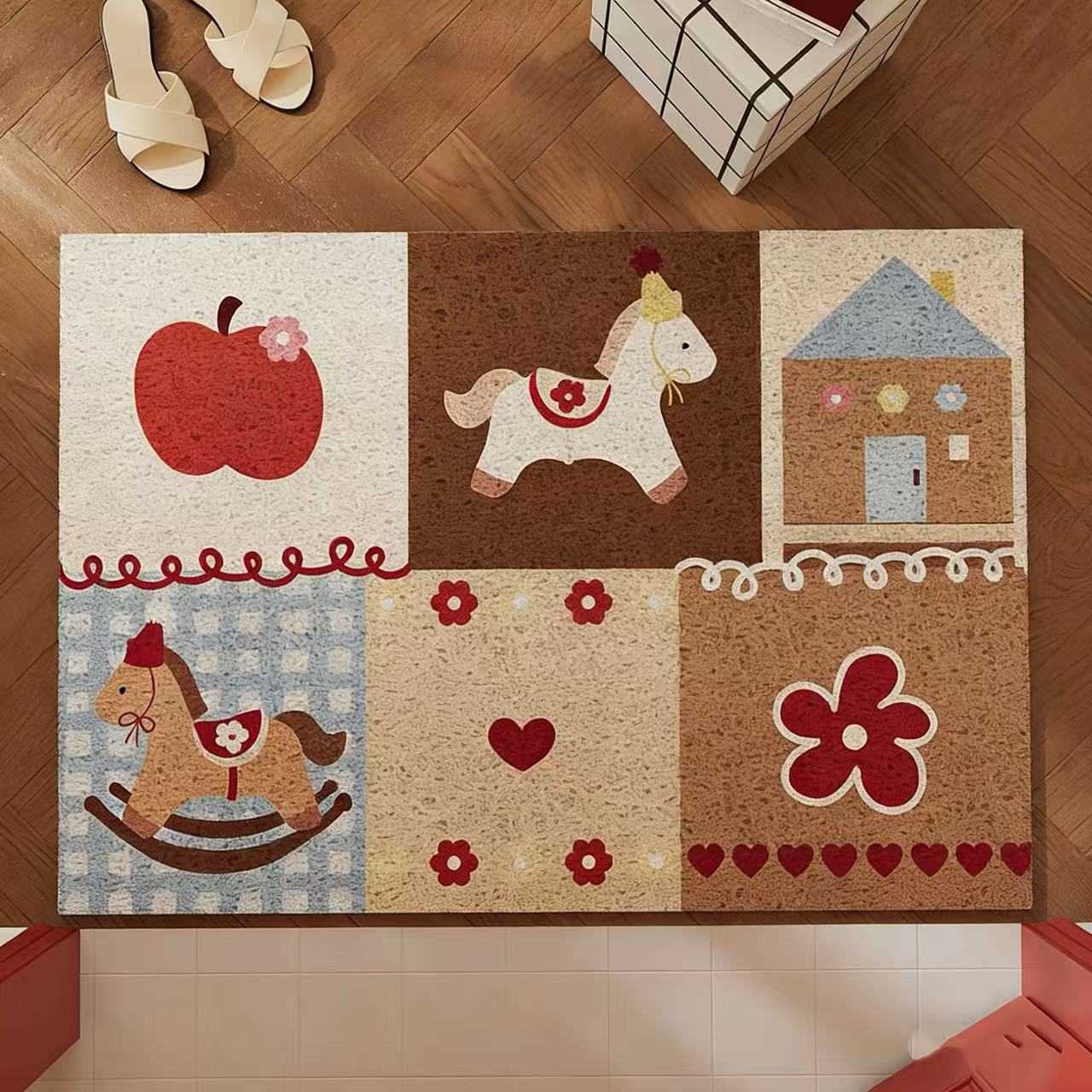 Entrance door mat with silk loops suitable for home use can be cut to size Year of the Horse anti-slip mat dirt-resistant and dirt-trapping foot mat S