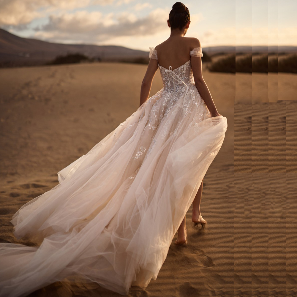 Customized Chic Lace Embroidery Wedding Dress with Split Off the Shoulder A Line Boho Bride Dresses Corset Vestidos de novia BC17264F09
