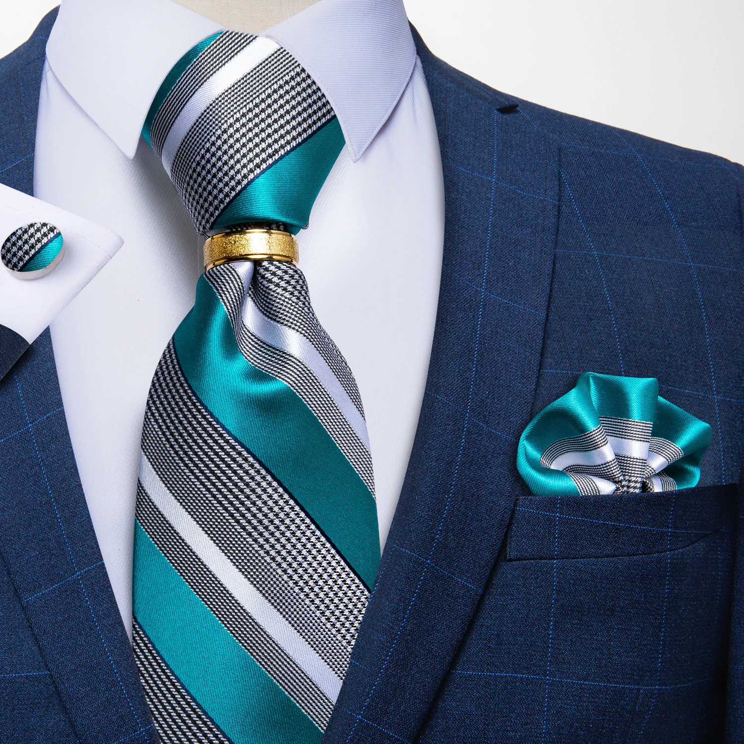 DiBanGu Mens Necktie Striped Floral Paisley Silk Tie Pocket Square Cufflinks Neck Tie Ring Set Suit Wedding Business 260208