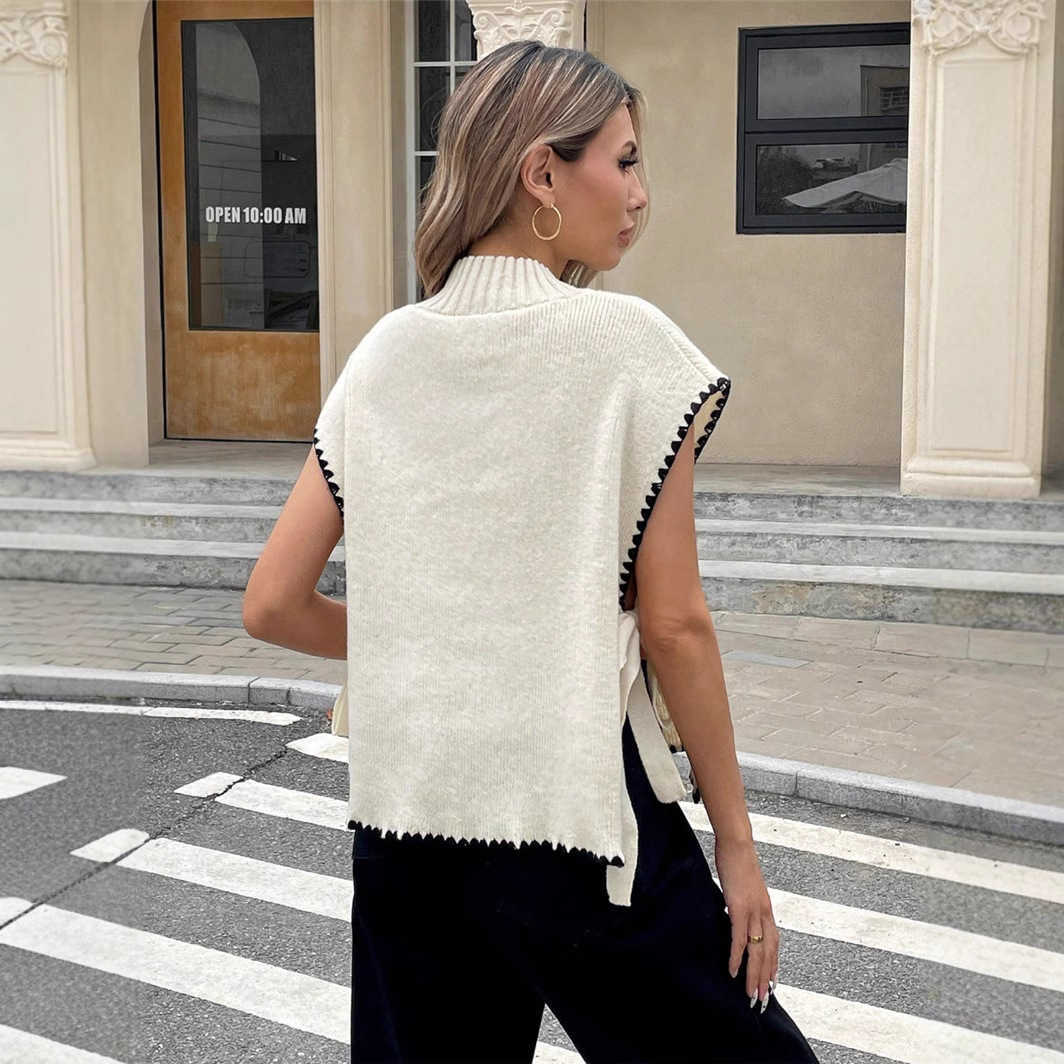 Women's Sleeveless Sweater Vest Minimalist Design with Contrasting Color Bow Tie-Front Top