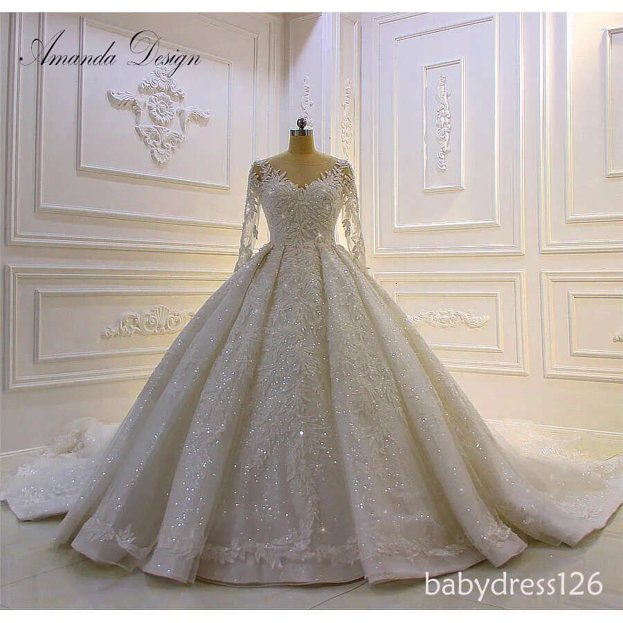 Amanda Design bestidos de novia Long Sleeve Lace Applique Patterns Stunning Ball Gown Wedding Dress
