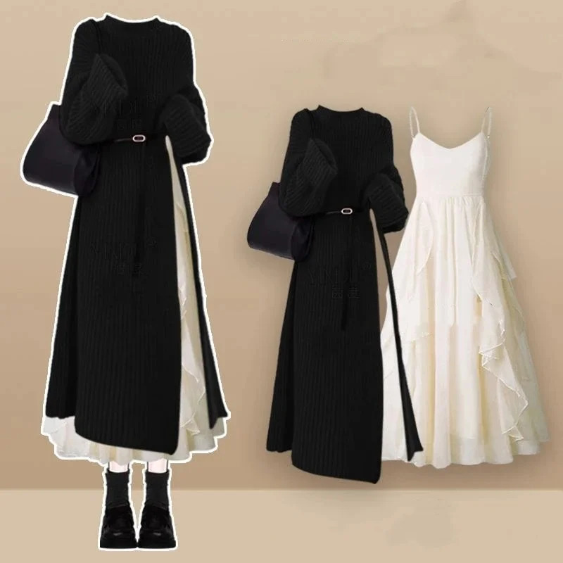 Womens Spring Autumn Long Split Sweater Sling Dress Two Piece Set Lady Graceful Black Knit Clothing Sleeveless Dresses Outfits 260208