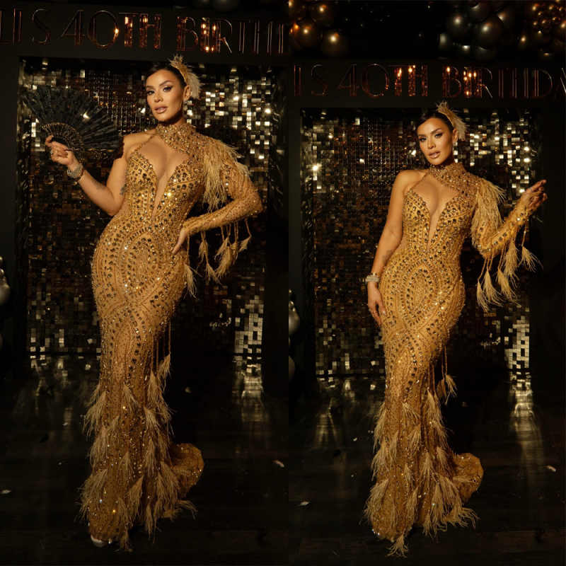 Exquisite High Neck Beaded Prom Dresses Sexy Crystal One Shoulder Evening Dress Customized Feathers Floor Length Party Gown