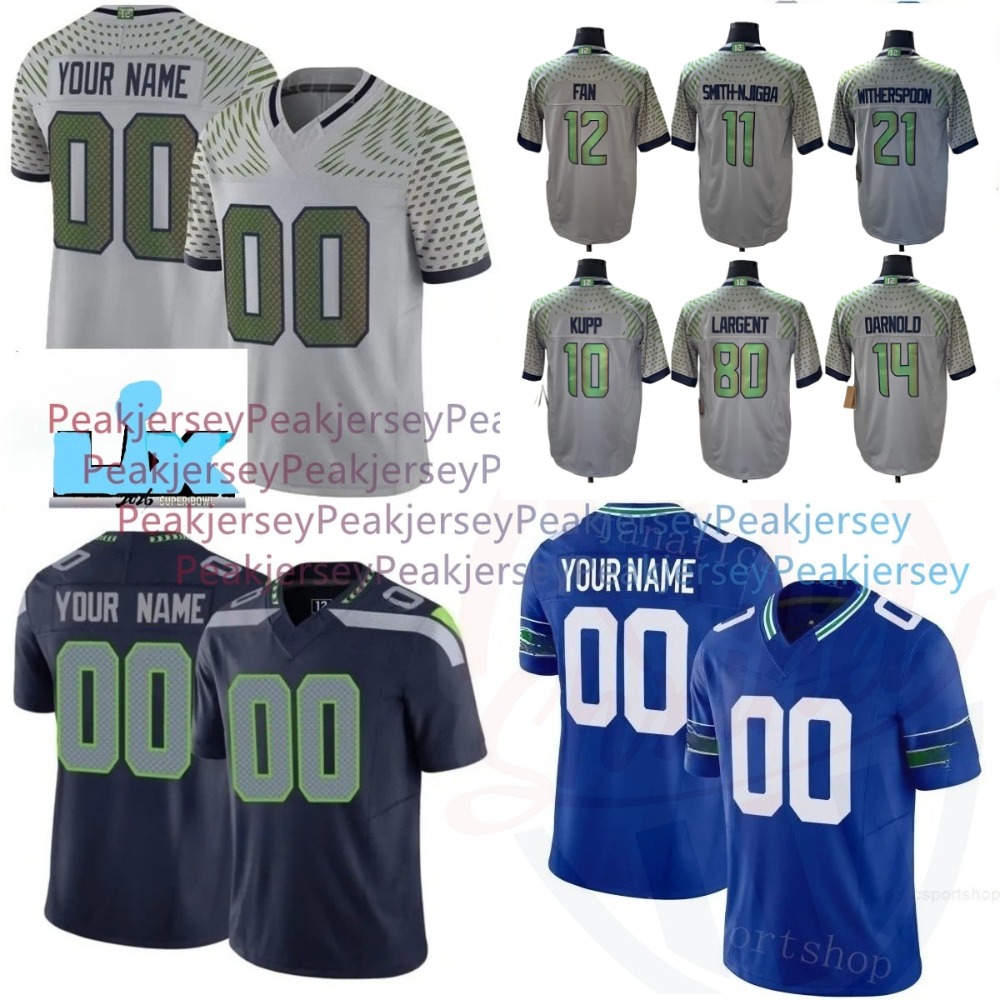 Seattle Super Bowl LX Jaxon Smith-Njigba Devon Witherspoon Cooper Kupp Jake Bobo Warren Moon DK Metcalf Kenneth Walker III Sam Darnold Custom Jersey