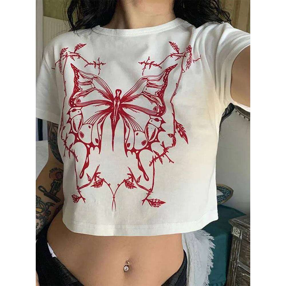 Vintage Fairy Grunge Butterfly Print Short Sleeve O-Neck Crop Top Punk Harajuku E-Girl Tee Y2k 90S Women's Fashion T-Shirt