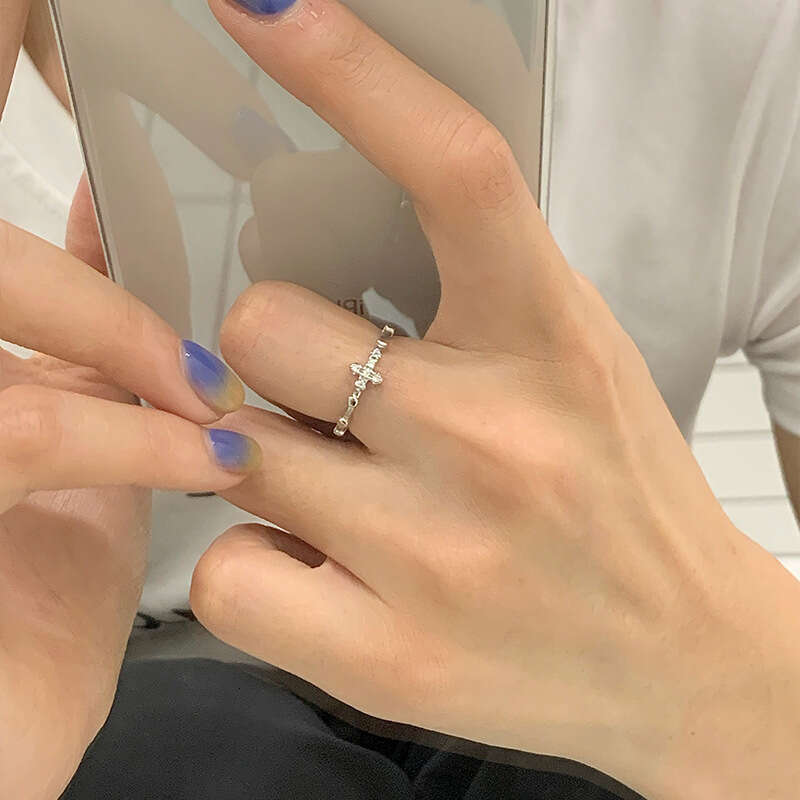 Cross Zircon Open Silver Light Luxury High-end Niche Design Exquisite Plain Band Index Finger Ring for Women