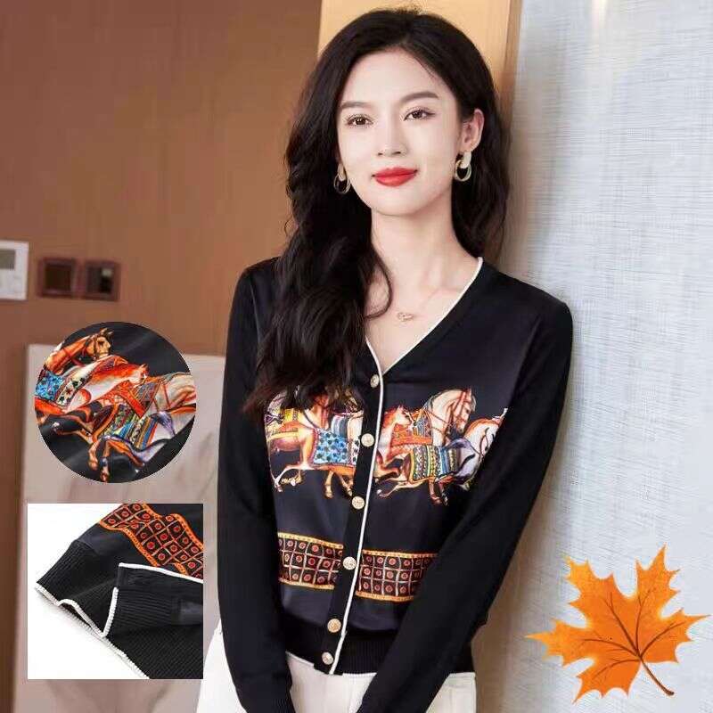 High-End Mom's Clothing Printed Pattern Patchwork Satin Knit Cardigan Spring Summer New Style Outerwear Elegant V-Neck Long Sleeve