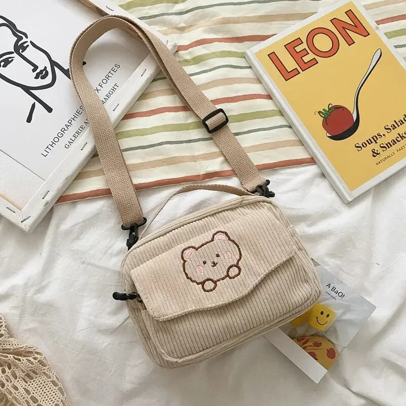 Personalized Teddy Bear Embroidered Diagonal Shoulder Bag Corduroy Crossbody Cute Teen Canvas BagHarajuku Phone Pouch 260208