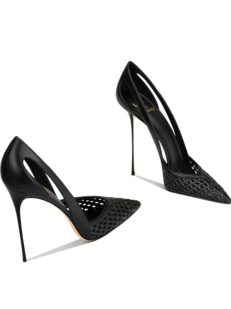 Thin highheeled sandals spring and summer pointed shallow knitted stitching shoes banquet large size small women 260208