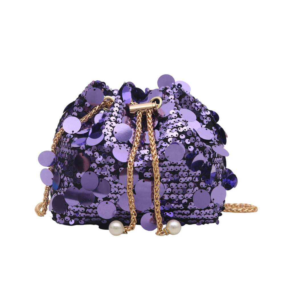 Sequin Trendy Personality Stylish Large Capacity Chain Summer Drawstring Crossbody Shoulder Evening Handbag Bucket Bag