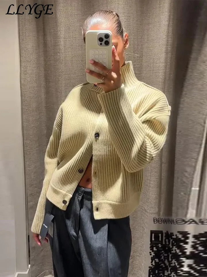 Casual Womens Knit Ribbed Cardigans Stand Collar Single Breasted Long Sleeve Female Sweater 2026 Spring Lady Chic Knitwear 260122