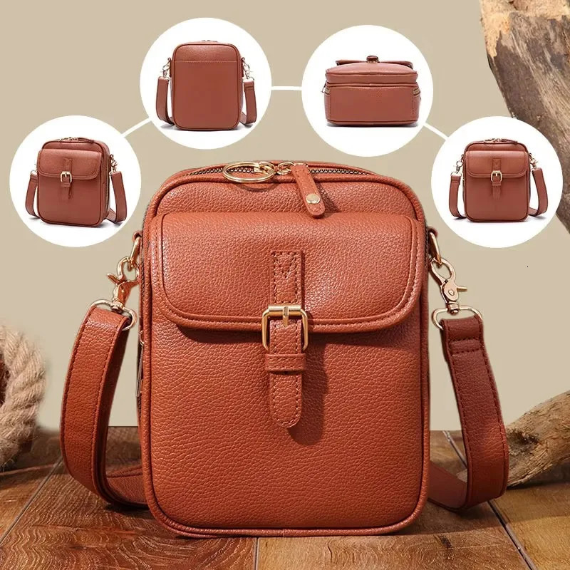 Vintage Crossbody Leather Bag Double Layer Large Capacity Messenger Retro Faux Built in Purse Anti Theft 260208
