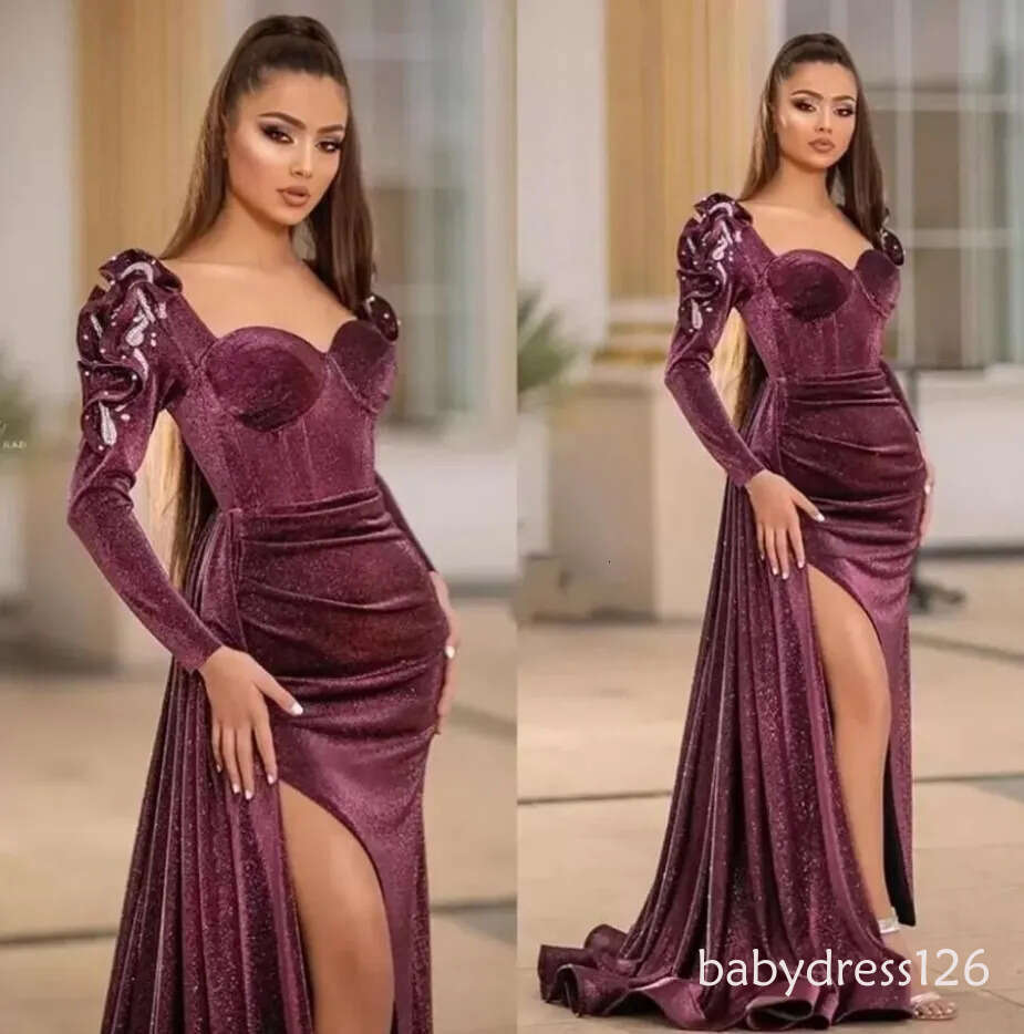 Sparkly Velvet Mermaid Evening Dresses Scoop Neck Long Sleeve Prom Gowns Plus Size Sexy Split Formal Party Dress Custom Made BC10689 N15