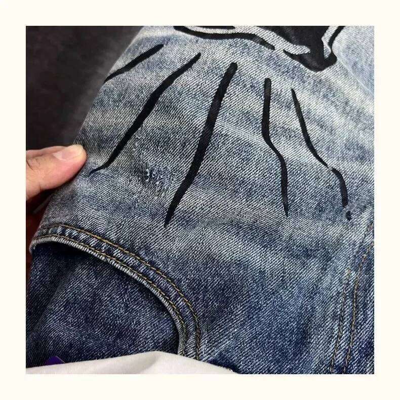 Men's Retro American Hip Hop Flame Skull Print Man High Street Motorcycle Denim Long Pants Baggy Jeans Men Techwear