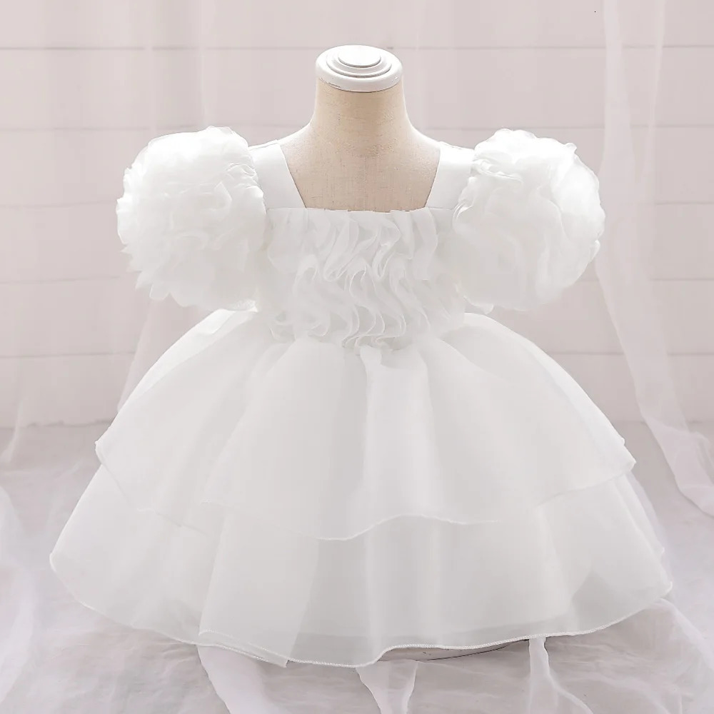 Fluffy Tulle Baby Girl Party Dress Puff Sleeve White 1st Birthday Baptism Wedding Princess Dresses Girls Bridemaid Baby Clothing 260124