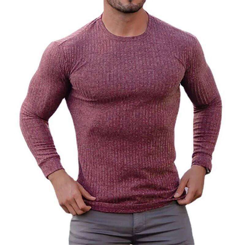 Autumn Breathable Knitted Long Sleeve Shirt Men Fitness Sport Stripe Slim Fit Clothing Gym Bodybuilding O-neck Quick Dry T-Shirt 26Y0209