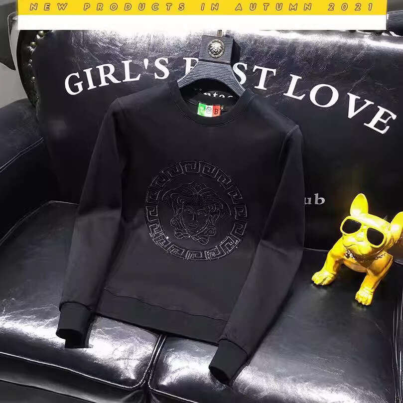 Winter New Round Neck Embroidered Long Sleeve Sweatshirt Men Slim Fit Plus Size Sequin Trendy Brand Simple Top