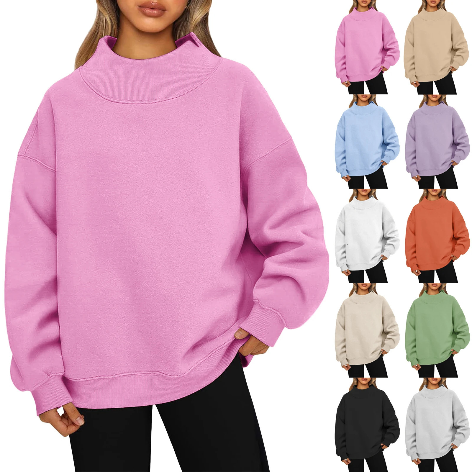 Fashionable Loose High Neck Long Sleeved Solid Color Hoodie for Lady Lazy Style Basic Casual Commuted Pullover Top 260126