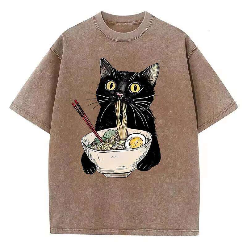 Unisex Hip Hop T Shirt Vintage Washed 100% Cotton T-Shirt Black Retro Cat Eating Ramen Graphic Tee Casual Streetwear X260209
