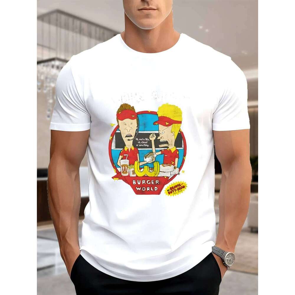 New Arrival Fashion Men's Printed Pure Cotton T-Shirt Funny Burger World Couple Design Breathable Soft Casual Tee for Summer X260209
