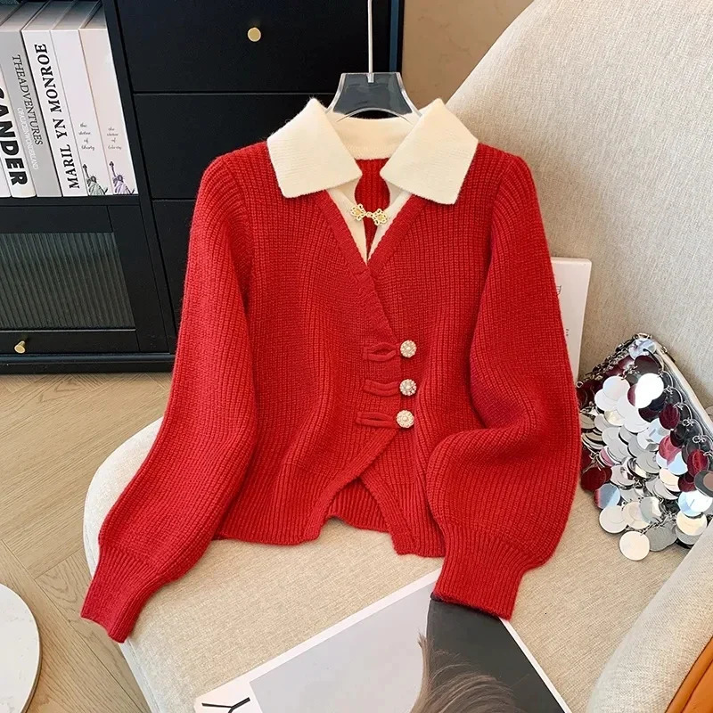 2025 Autumn Winter Splicing Slim Women Knitted Cardigan Sweater Jacket Fashion Two Items Loose Ladies Top 260122