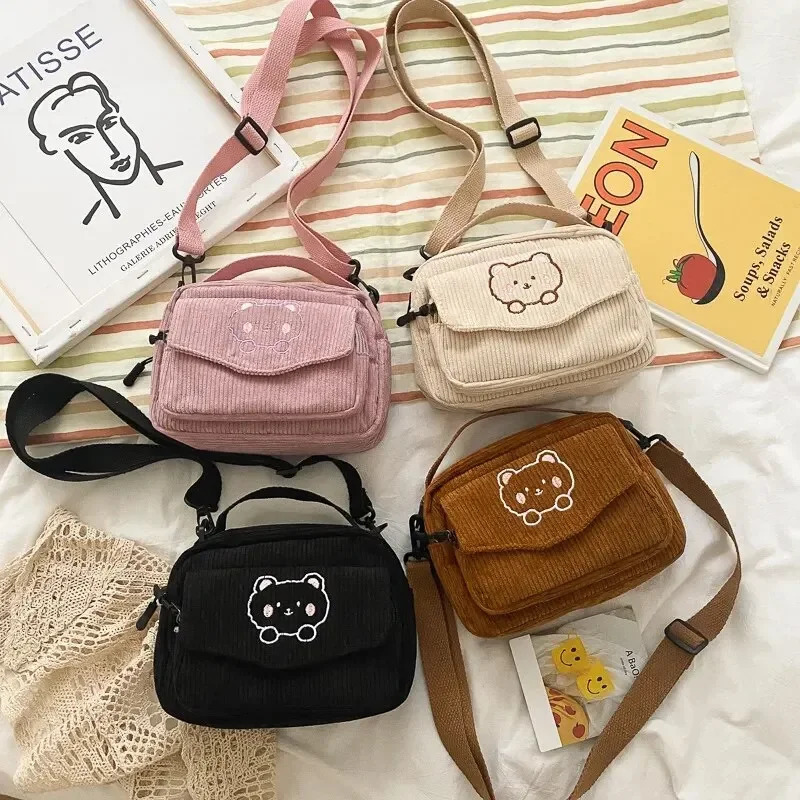 Personalized Teddy Bear Embroidered Diagonal Shoulder Bag Corduroy Crossbody Cute Teen Canvas BagHarajuku Phone Pouch 260208