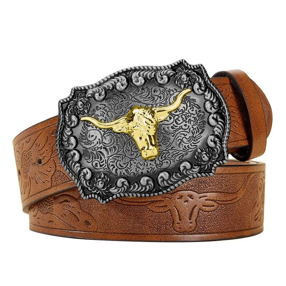 Fashion PU Leather Western Cowboy Belts Vintage Waistband Belts Floral Engraved Buckle Leather Belt Pants 260124