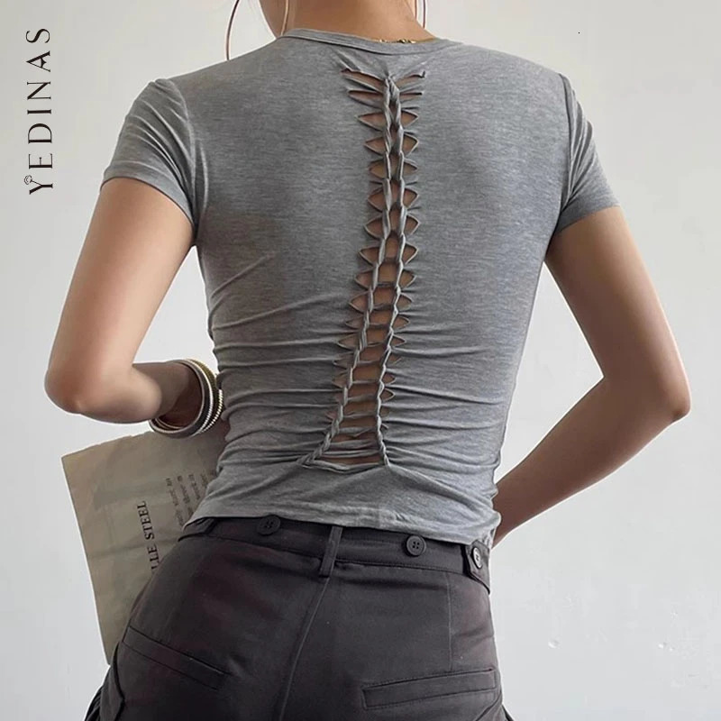 Yedinas Back Hollow Out Solid Womens T-shirt Korean Fashion Short Sleeve Slim Streetwear Summer Tops Soft Tees Female Clothing 260120
