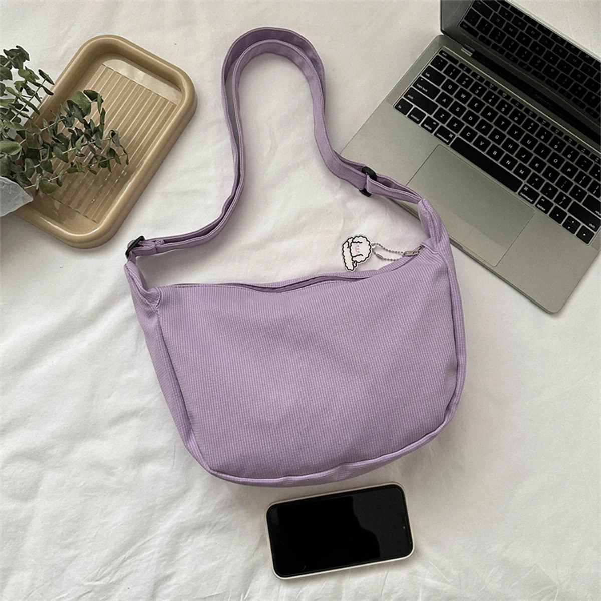 Minimalist Crossbody Bag with Puppy Pendant Spacious Stylish ScratchResistant Nylon Shoulder for Daily Essentials 260208