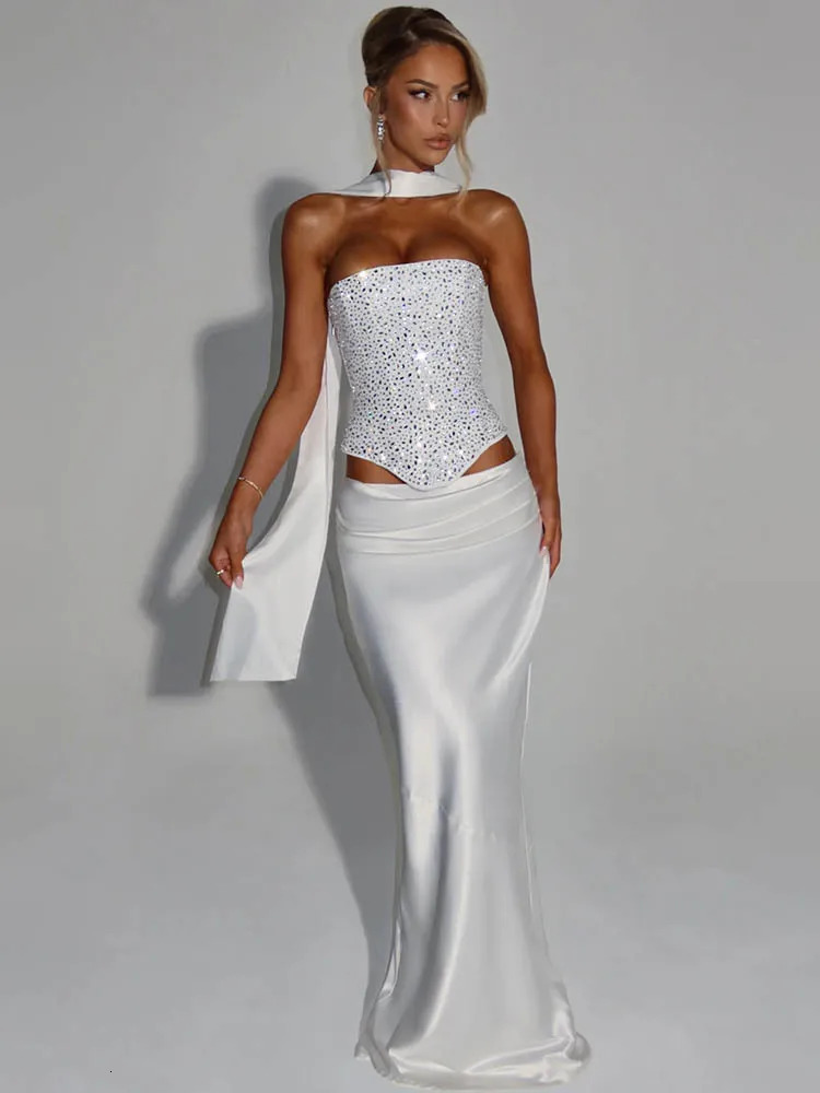 Mozision Sequins Sexy Dress Set Women Sparkle Scarf Collar Crop Tops And Maxi Skirt Elegant Club Party Satin Skirt Matching Set 260208