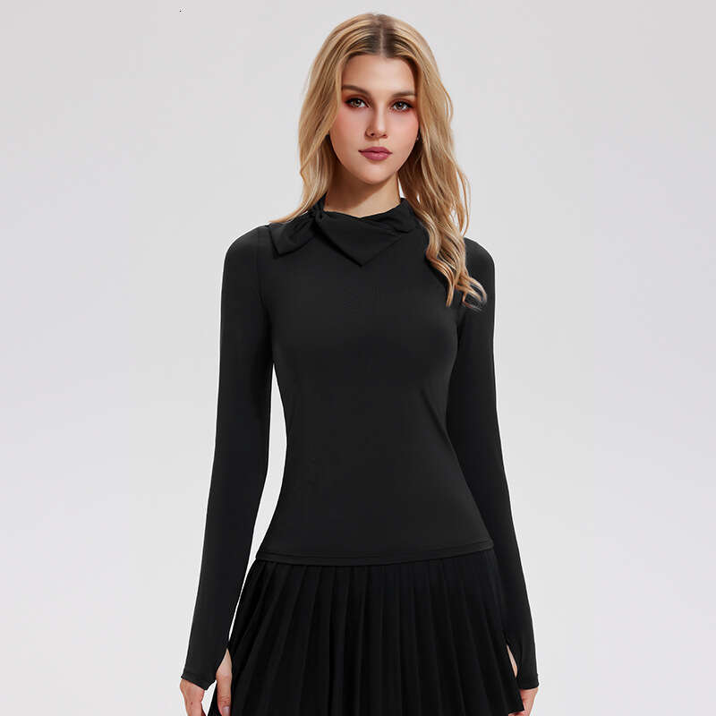2026 Old Money Style Quick-Dry Sports Top For Women, High Collar Bowknot Fitness Wear, Outdoor Yoga Long Sleeve Shirt WKERSIY