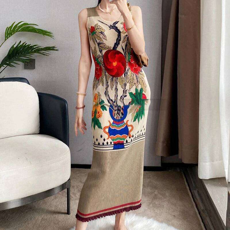 2025 Summer Minimalist Printed Dress Women's Sleeveless Pleated Tank Top Skirt High End Vintage Dress