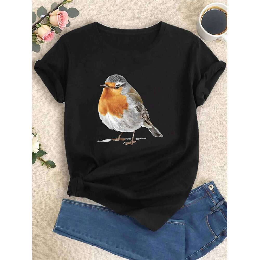 Women's Black Short Sleeve Crew Neck T-Shirt Robin Print Casual Comfort Fit Versatile Top Fashion Graphic T Shirts Personality X260209