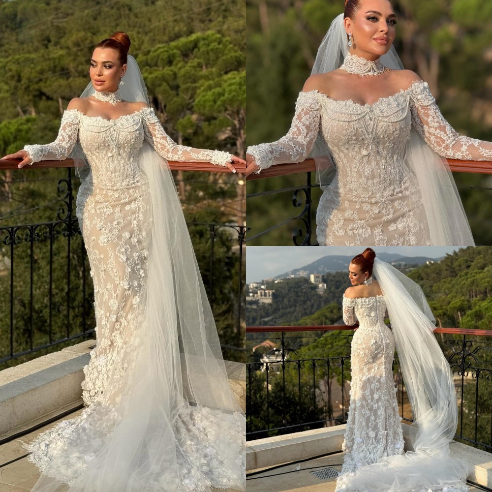Classic Mermaid Wedding Dresses For Women Off Shoulder Long Sleeveless Gown Lace Beading Sweep Train Customized Dress