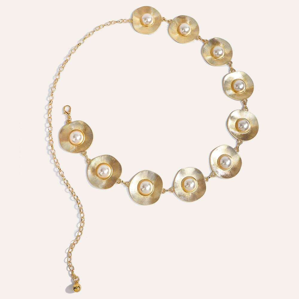 1pc round Pearl Metal Chain Women Versatile Unique Personality High Waist Belt for Pants Fashion Accessory X260209